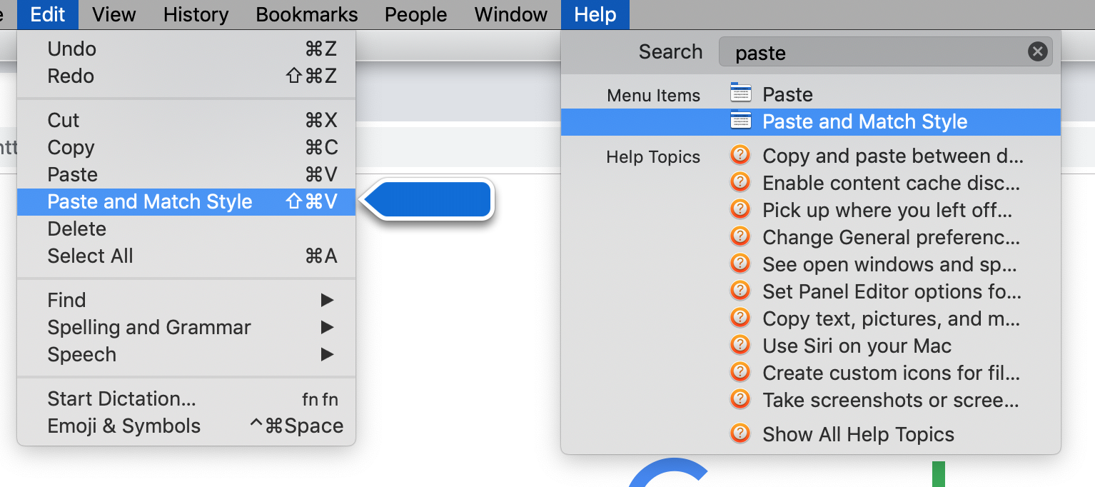 Browser history menu access through Help shortcut